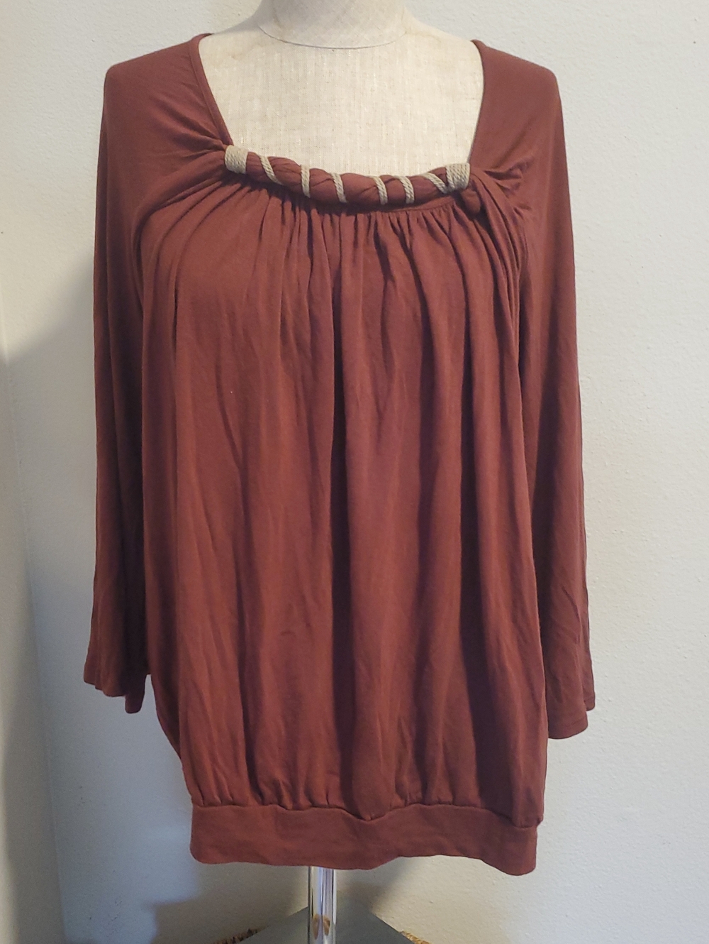 Ella Moss Rust Brown Long Sleeve Scoop Neck Top with Twisted Rope Accent